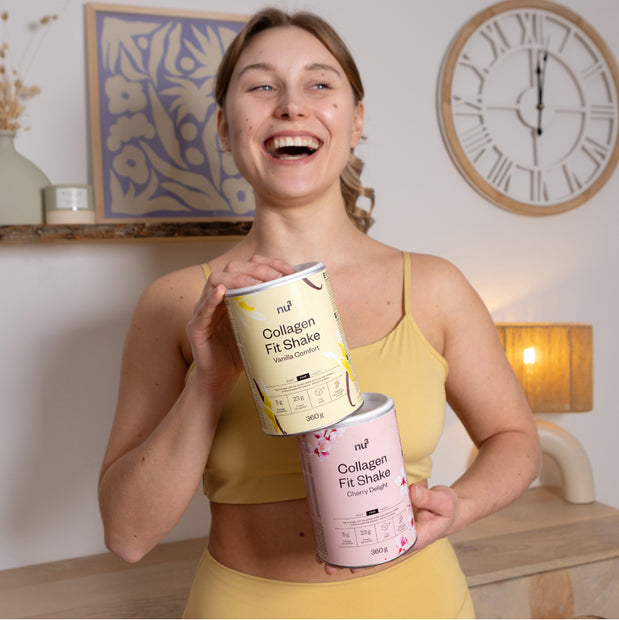 Glückliche Frau mit nu3 Collagen Fit Shake